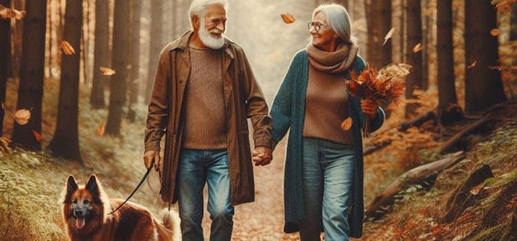 An old couple walking their dog in a forest