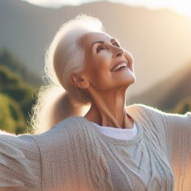 An old woman smiling with arms wide open