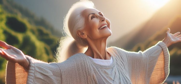 An old woman smiling with arms wide open