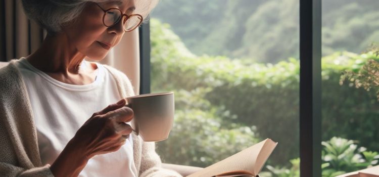 An older woman holding a mug and reading a book by a window.