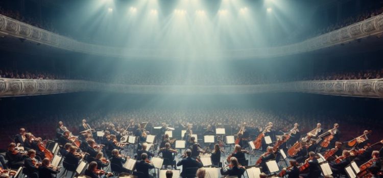 An orchestra playing in a concert hall with lights shining on them.