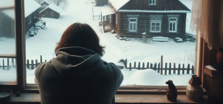 A person thinking about unfairness in life as they look out the window to a snowy neighborhood.