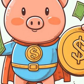A piggy bank wearing a superhero costume while holding dollar bills and a big coin.