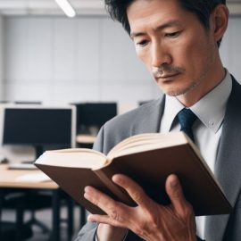 A professional man in suit and tie reading a book in an office