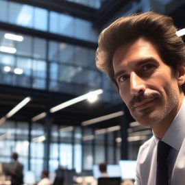 A man with five o clock shadow wearing a tie in an office