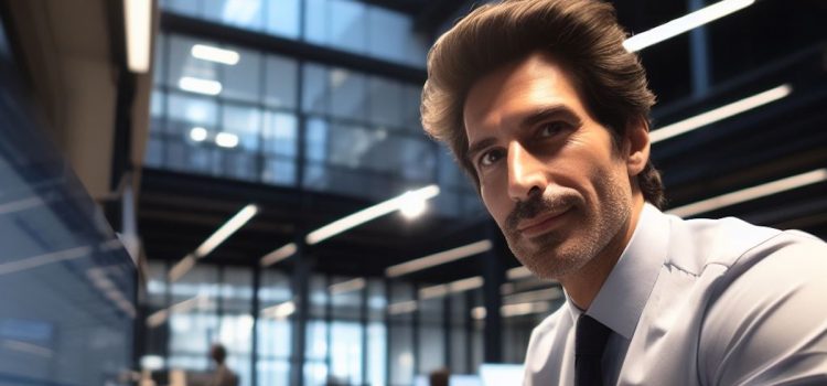 A man with five o clock shadow wearing a tie in an office