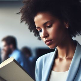 A professional woman reading a book in an office