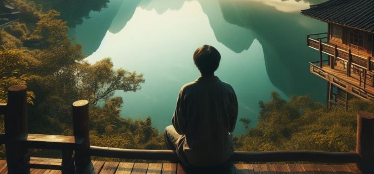 A man accepting reality and being happy as he sits on a bridge overlooking an Asian scenery.