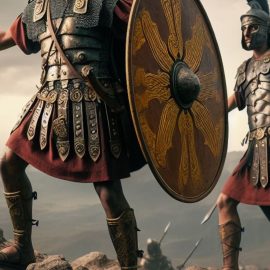 Roman soldiers wearing uniforms and holding shields and swords.