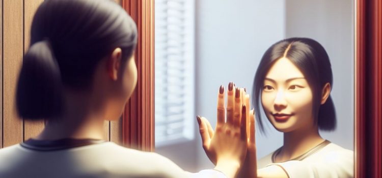 The 3 Best Self-Care Tips by Mel Robbins and KC Davis A woman holding the mirror as she looks in the reflection