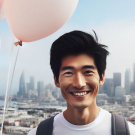 A happy, smiling man holding pink balloons in front of a city.