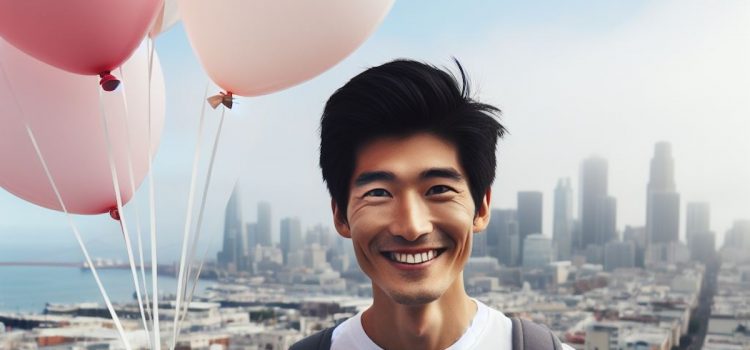 A happy, smiling man holding pink balloons in front of a city.