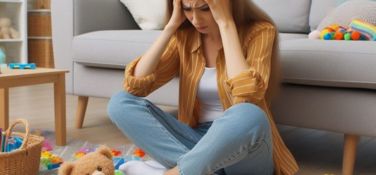 A stressed woman sitting on the ground of a messy house.