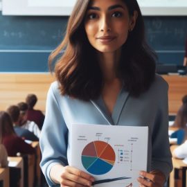A teacher holding a paper with a graph in front of a group of students in a classroom of standardized education.