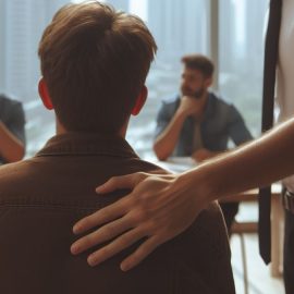 A leader patting someone on the back during a business meeting.