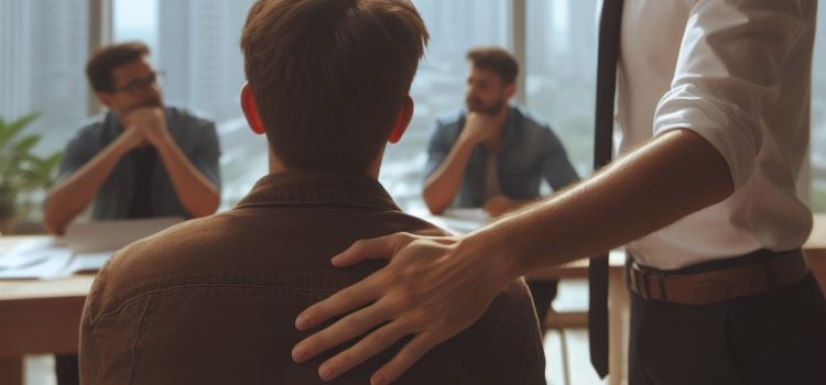 A leader patting someone on the back during a business meeting.