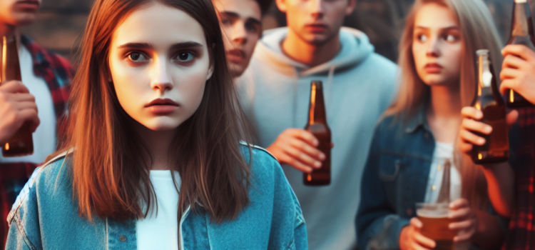 A teenager feeling peer pressure as other teenagers drink beer