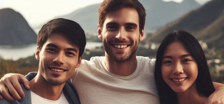 Three smiling friends in a mountain environment reaping the benefits of community.