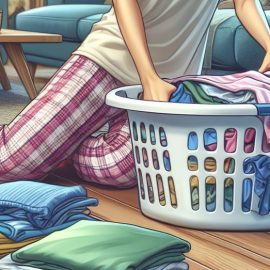 A woman folding laundry on the ground.