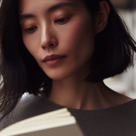 A woman holding and reading a book.