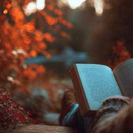A woman reading a book outside in autumn with trees in the background