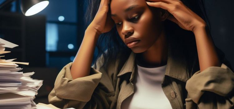 A woman suffering from bad stress and good stress as she faces piles of paperwork.