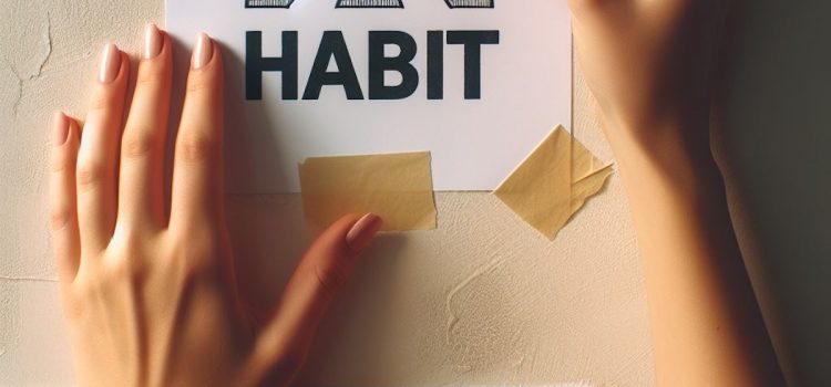 Hands holding a taped sign that says Habit