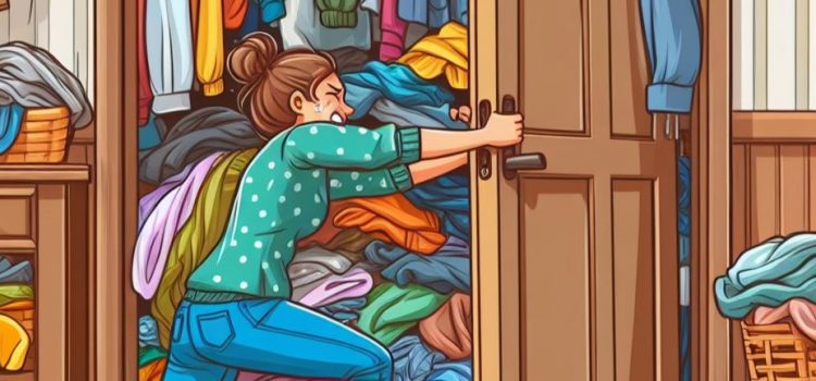 A woman stuffing clothes in a closet that won't close.