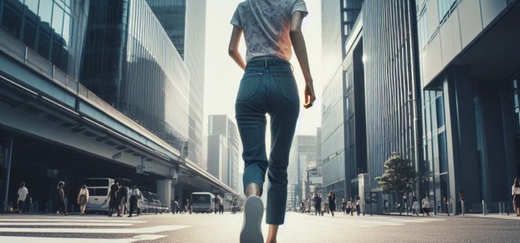 A woman taking a risk as she walks in the middle of the street in a city.