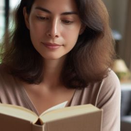 A woman with brown hair reading a book inside