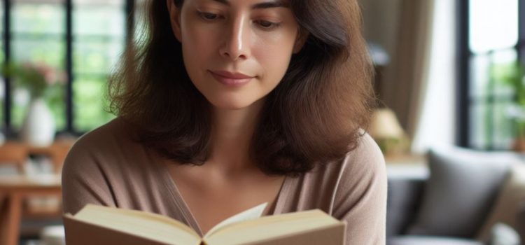 A woman with brown hair reading a book inside