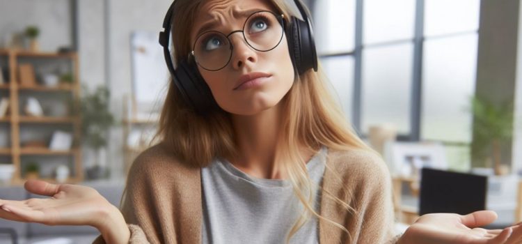 A curious woman wondering what drives human behavior as she wears headphones.