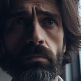 A worried man with a beard in front of a window