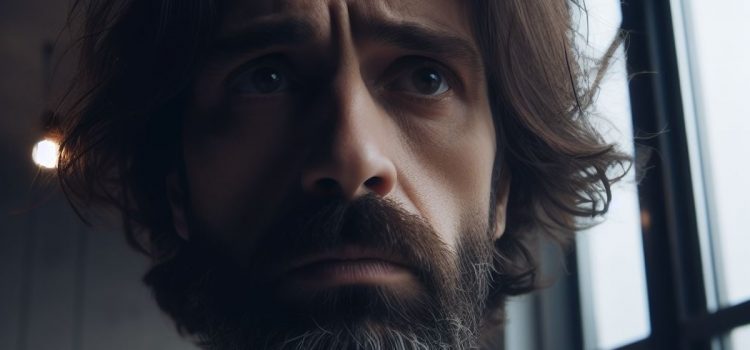 A worried man with a beard in front of a window