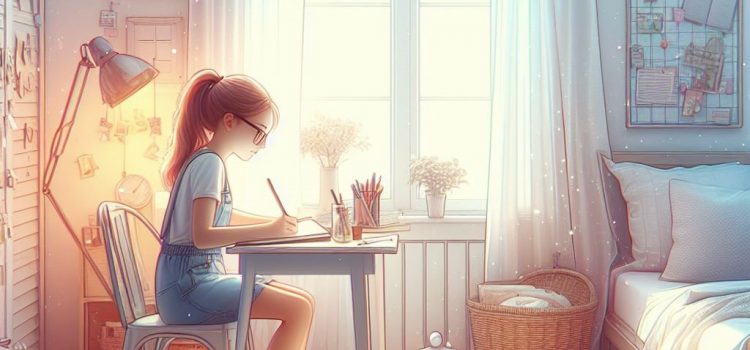 A young girl journaling in her bedroom