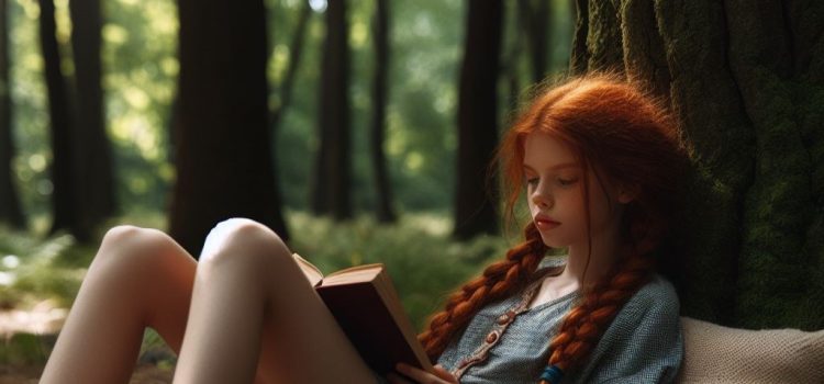 A young girl reading in the woods