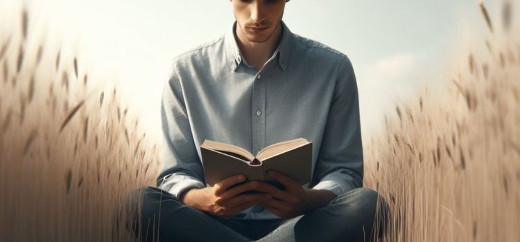 A young man reading a book in a wheat field