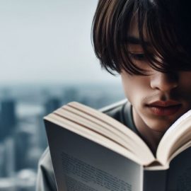 A young man reading a book with a city in the background.