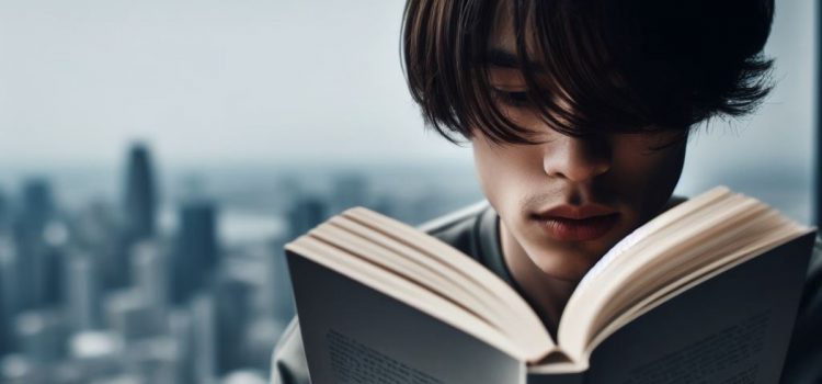 A young man reading a book with a city in the background.