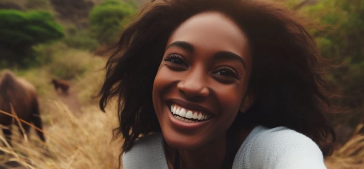 A woman smiling outside in a field.