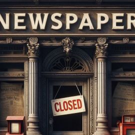 A newspaper store in a city with a closing sign on the front door