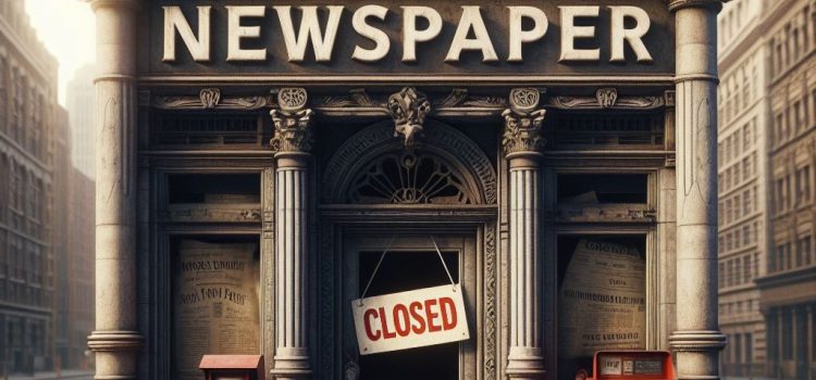 A newspaper store in a city with a closing sign on the front door