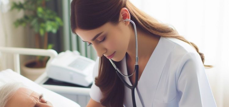 A female nurse caring for an elderly patient, showing that the US labor market is thriving