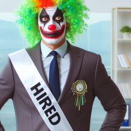 A man in a business suit and clown makeup who is the victim of a job offer scam