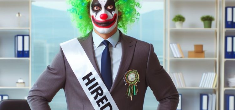 How to Avoid Job Offer Scams: Red Flags & Warning Signs A man in a business suit and clown makeup who is the victim of a job offer scam
