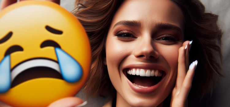 A crying emoji next to a smiling, gleeful woman.
