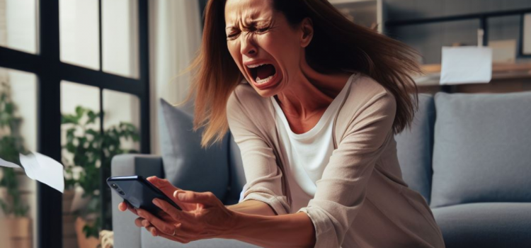 An angry woman yelling while holding her phone in an office.