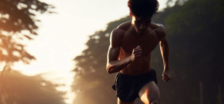 A man running on the street with the sun behind him.