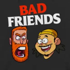 The logo for the Bad Friends podcast Halloween episode with two cartoon heads.