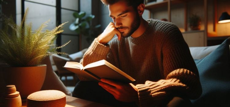 A bearded man reading a book while sitting on a couch in a cozy room.